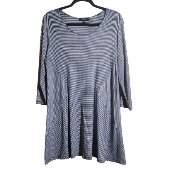 COMFY USA Stretch Striped Navy Blue White Casual Tee Dress Large Artsy Relaxed - Picture 2 of 9